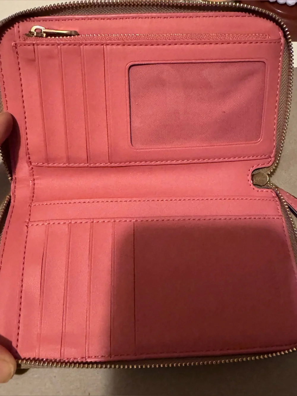 GUC Coach Medium Zip Wallet-Taupe, White, Pink with Pink Interior